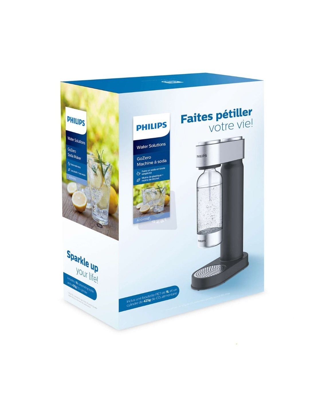 Gasatore Acqua Philips GoZero Water Italia + 1 Bott. da 1Lt + 1 Bombola Co2  Da 450Gr colore Bianco